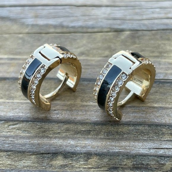 DKNY Women Earrings GoldBlack Tone Crystal Accent Hinge Ladies Ear Jewelry New - Picture 3 of 12